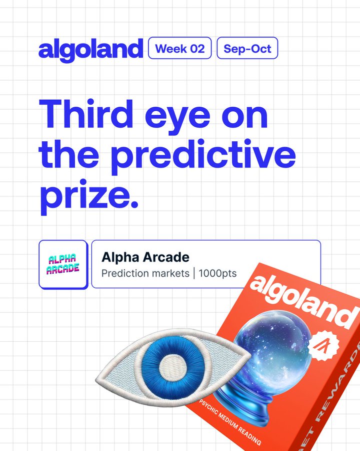 PawelSynapse's tweet image. Week 2 of @Algoland has landed.

This round, it’s time to test your intuition on @AlphaArcade69 — Algorand’s own prediction market.

On the line: a psychic medium reading 🔮 and your chance to climb the leaderboard for the grand prizes.

Don’t miss it: algoland.co/info?referralC…