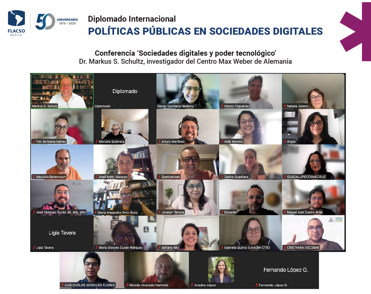 El Dr. Markus S. Schultz, investigador del Centro Max Weber de Alemania, impartió la conferencia “Sociedades digitales y poder tecnológico” en el marco del Diplomado Internacional Políticas Públicas en Sociedades Digitales, coordinado por la Dra. Danay Quintana Nedelcu.

Durante