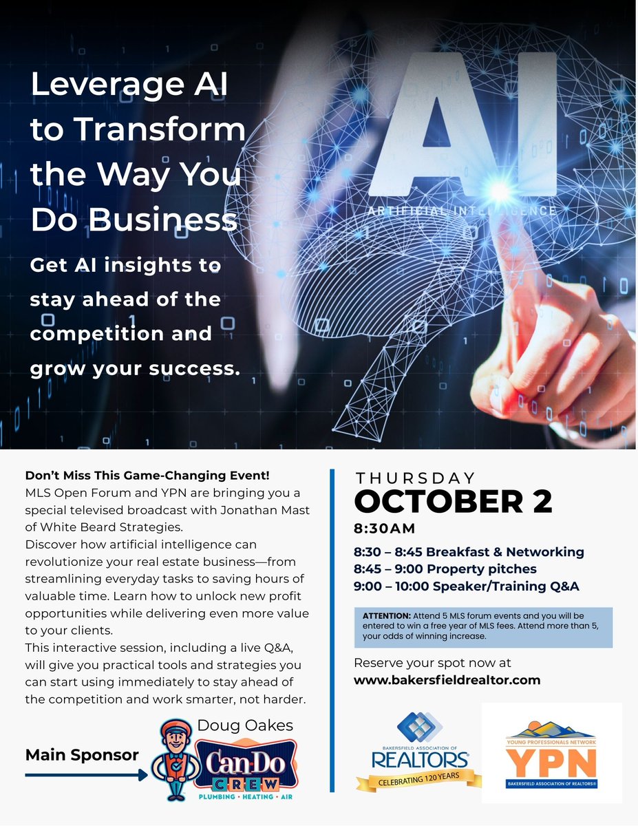 LAST CALL!
Jonathan Mast w/White Beard Strategies shows REALTORS® how to:
✨ Stay ahead of the curve
✨ Use AI to save time &amp; boost results
✨ Deliver more value to clients
Oct 2, 8:30AM, 
Register now at bakersfieldrealtor.com