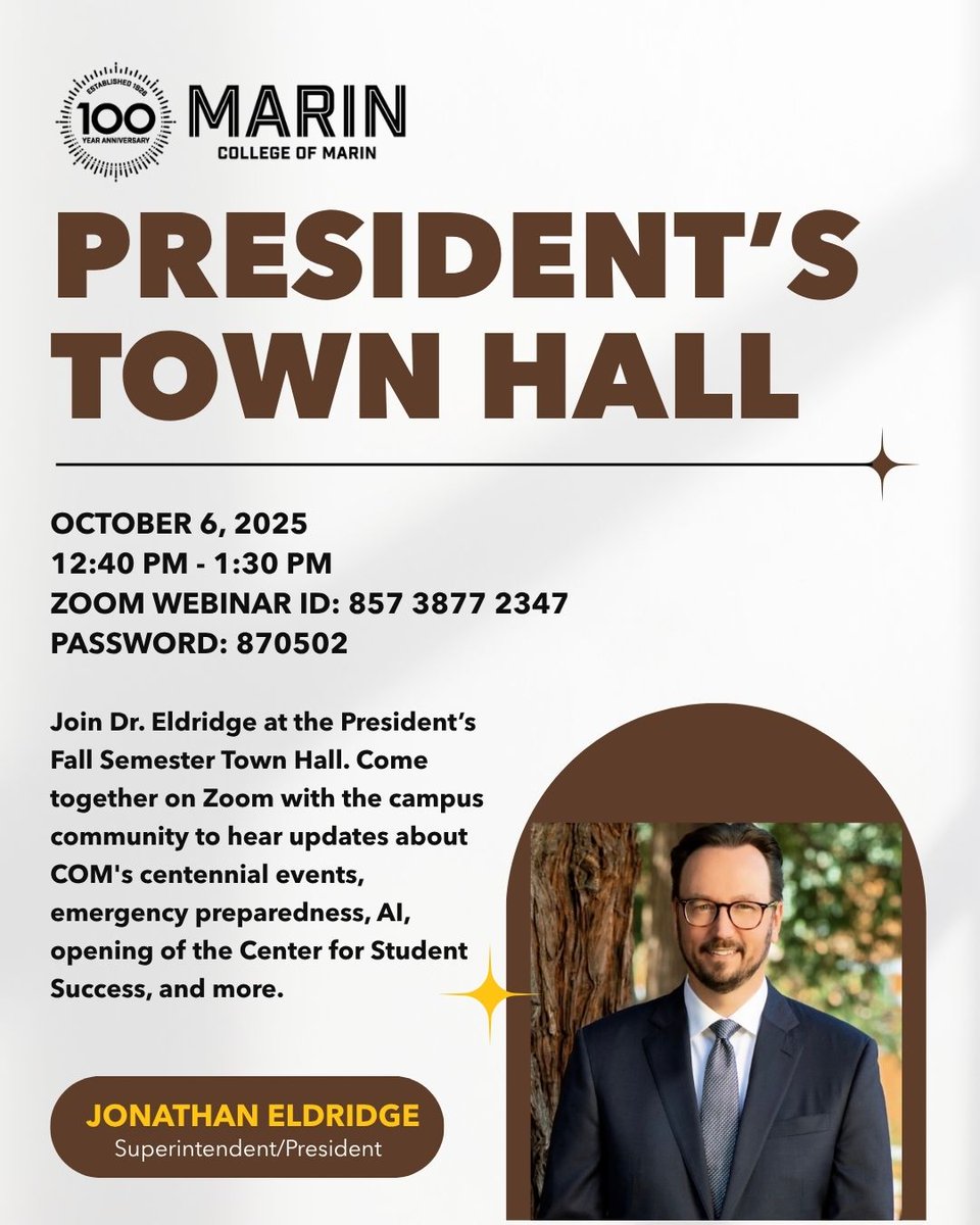 Join Dr. Eldridge at the President’s Fall Semester Town Hall. Come together on Zoom with the campus community to hear updates about COM's Plan Centennial events, emergency preparedness, AI, opening of the Center for Student Success, and more.