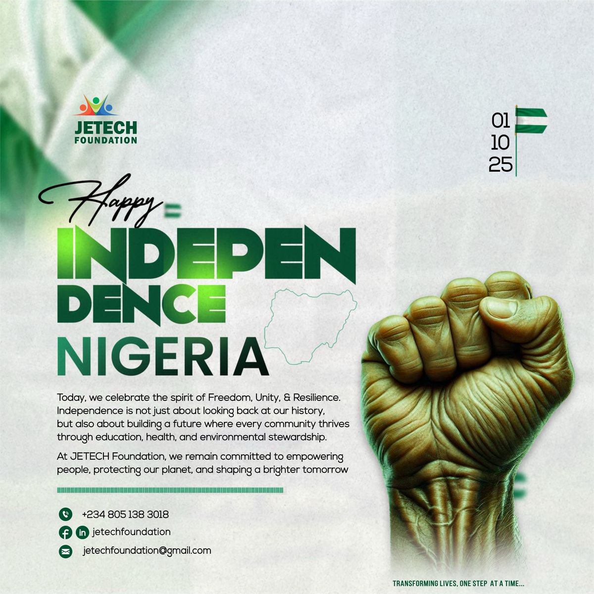JETECHFoundatio's tweet photo. Happy Independence Day, Nigeria! π³π¬β¨
Freedom is not only a giftβitβs a responsibility. Together, letβs build stronger communities through education, health & environmental action. π±ππ‘
#Nigeria65 #NigeriaIndependenceDay #IndependenceDay #JETECHFoundation https://t.co/dclP3JmY5f