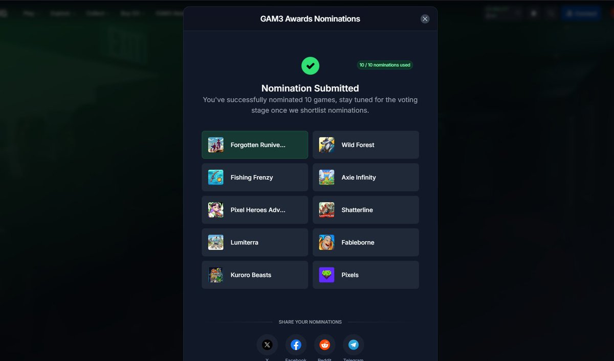 WarriorvenC's tweet image. Finally finished my @GAM3Sgg_  Awards nominations 🎮✨ Here’s my list of games:

🌲 @playwildforest 
🐟 Fishing Frenzy
🦊 Axie Infinity
👾 Pixels
🌌 Lumiterra
🐉 Kuroro Beasts
🦸 Pixel Heroes
🏹 Forgotten Runiverse
💥 Shatterline
⚔️ Fableborne

#WildForest