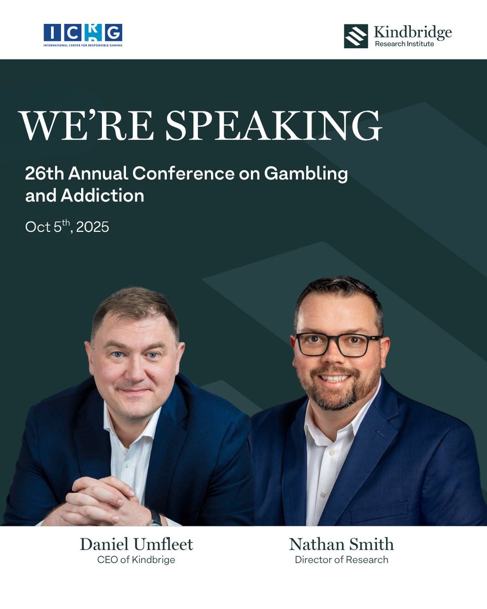 KR_Institute's tweet photo. 🎲Our Director of Research, Dr. Nathan Smith, and CEO of Kindbridge Group, Daniel Umfleet, will be speaking at the 26th Annual @theICRG Conference on Gambling and Addiction this Sunday, Oct 5th.

#KindbridgeResearch #GamblingResearch #GamblingDisorder #ICRG2025 https://t.co/oV2Tej1Tta