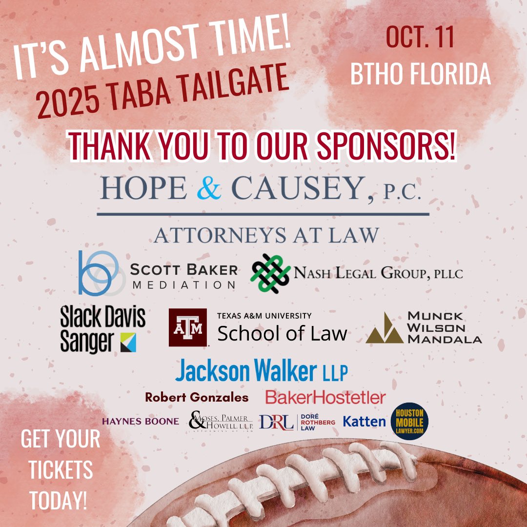 tabalaw's tweet photo. Tailgate!! Are you ready! Can’t wait to see all the Aggie Lawyers, Judges, &amp; students on Oct. 11 🏈🏟️
🎟️ https://t.co/YB3NPzvEsg https://t.co/CYIArHzSxN
