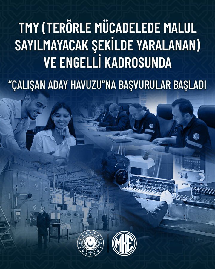 A collage of people working in an industrial setting. Two individuals in business attire collaborate at a desk with computers. Several people in uniforms operate machinery and control panels in a factory. Logos of Makine ve Kimya Endüstrisi are visible at the bottom.