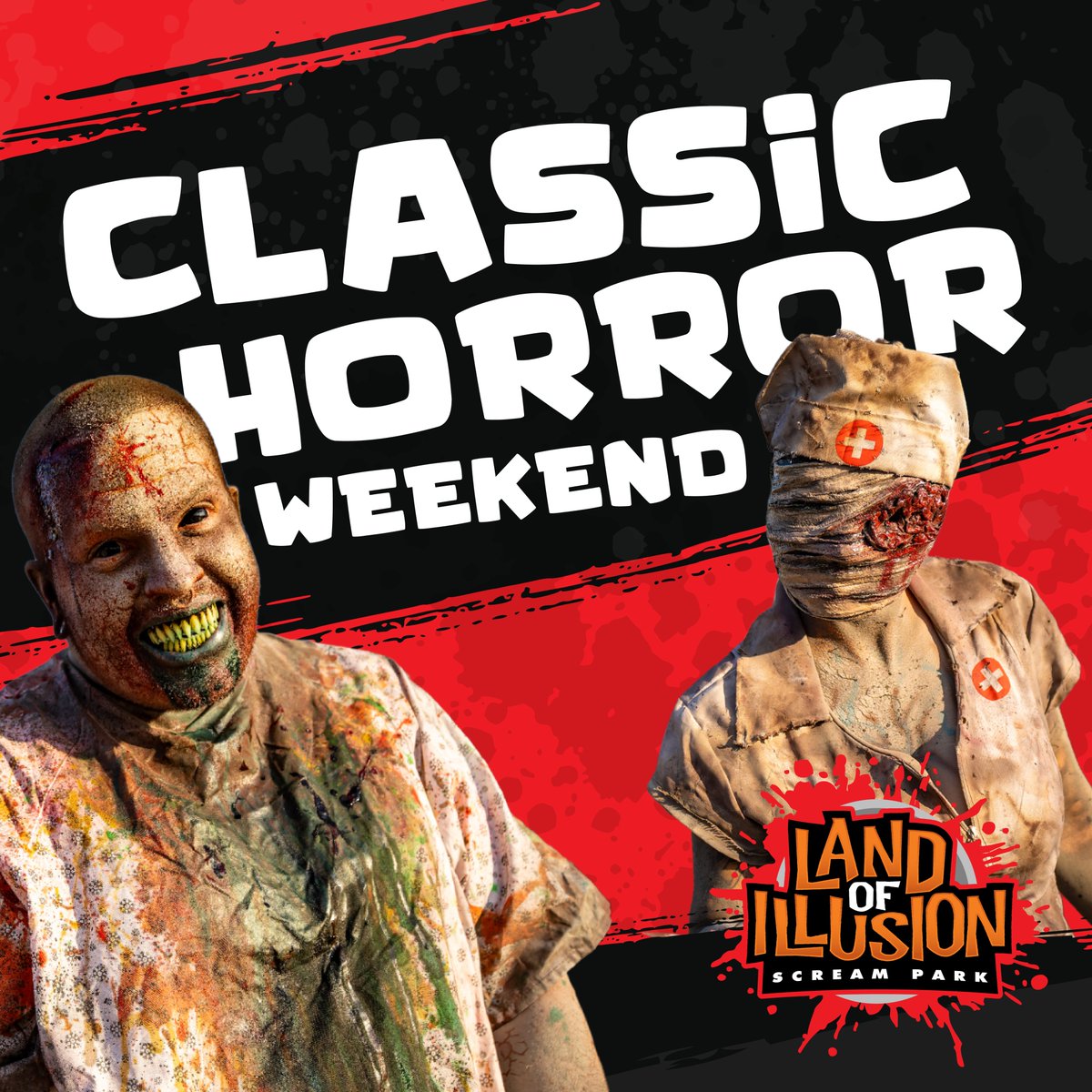 🔥 Classic Horror Weekend at Land of Illusion! 🔥
🕺 Friday: Dance Comp
👻 Saturday: Meet the Real Ghostbusters
😱 150+ live monsters, 6 MASSIVE award-winning haunts, full bar, food court &amp; nonstop scares. Don’t miss it! 🎃💀
👉 rebrand.ly/LOI-Social