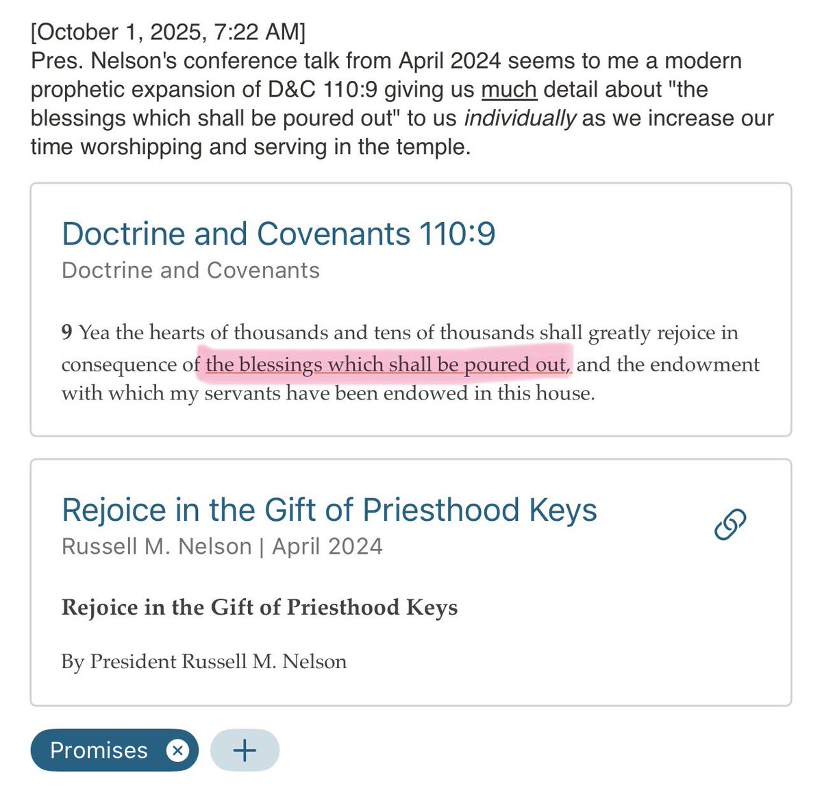 MyGospLib_Notes's tweet image. I've been wanting to search and list out the promises President Nelson has given us for increasing our time in the temple, but it wasn't until this morning that I saw any of his words as "prophetic expansion of existing scripture."
I'll be spending more time with this!