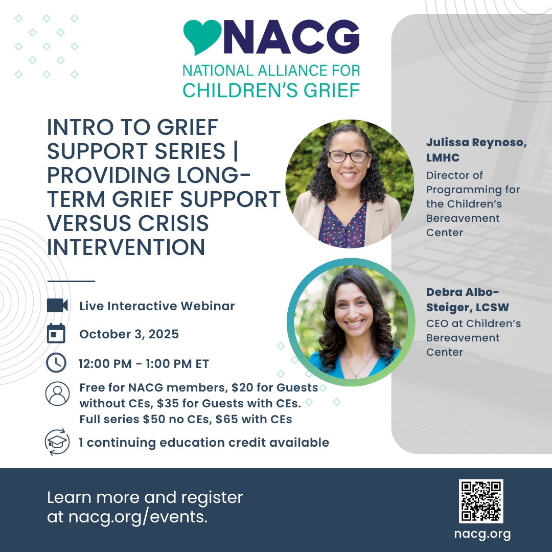 💛 You’re invited! Join us for Providing Long-Term Grief Support vs Crisis Intervention — a session on guiding families from immediate support into lasting care.
With CBC’s Debra Albo-Steiger &amp; Julissa Reynoso
🗓 Oct 3 | 12 PM
🔗 Register: nacg.org/event/introduc…