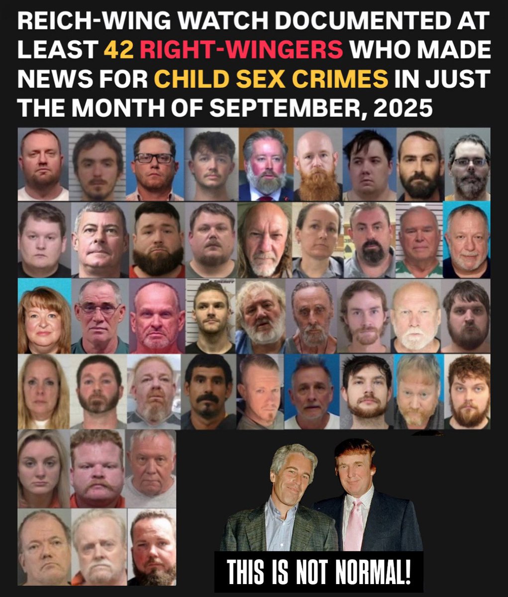 ReichWingWatch's tweet image. I documented 42 right-wingers who made news for child sex crimes in just the month of September, 2025. Zero drag queens or transgender people were arrested.