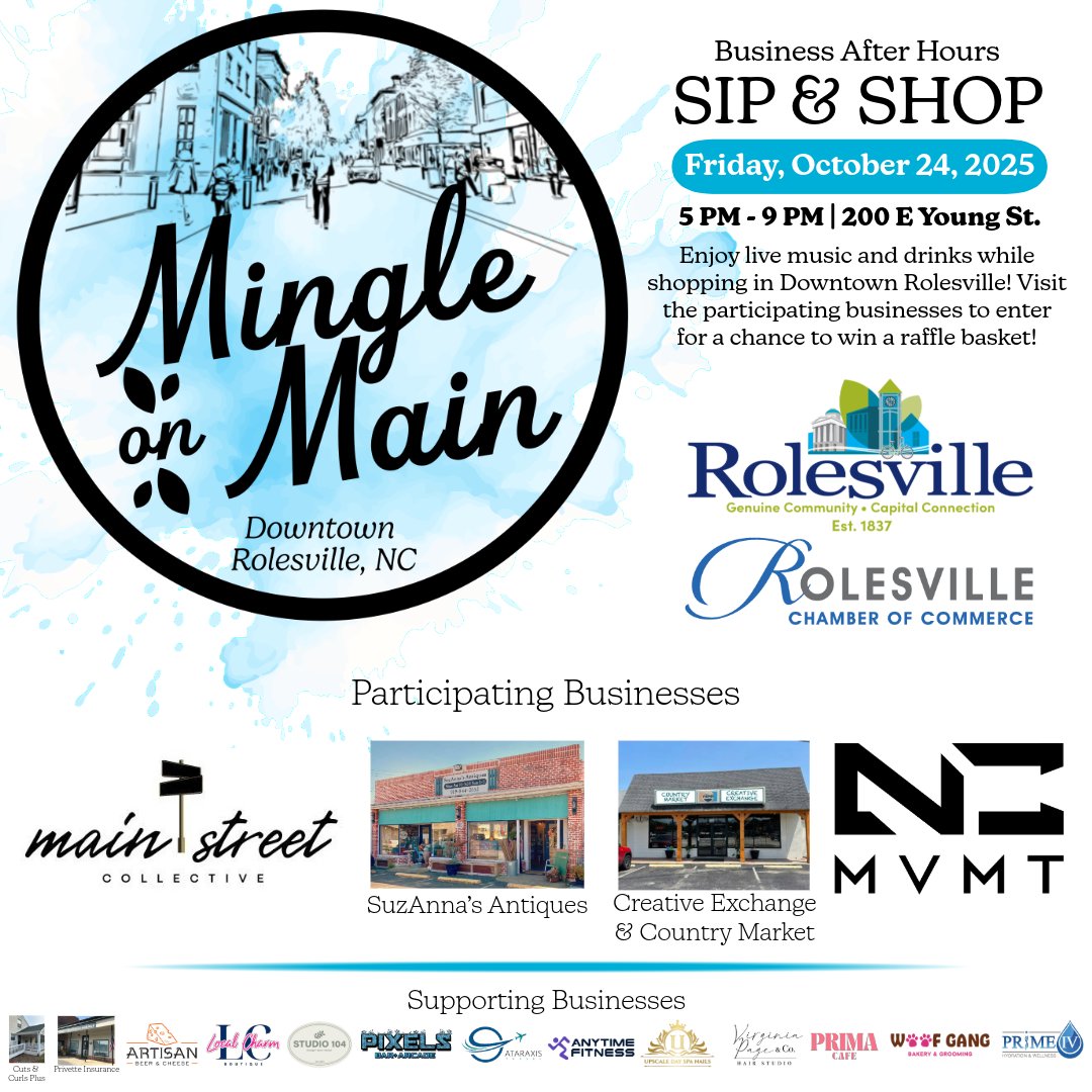 Mark Your Calendars!
Thanks to our partnership with the Rolesville Chamber of Commerce, we are proud to announce Mingle on Main. It will be a lively night of community fun!

Location: 200 E. Young Street
Date: Friday, October 24, 2025
Time: 5:00 – 9:00 PM