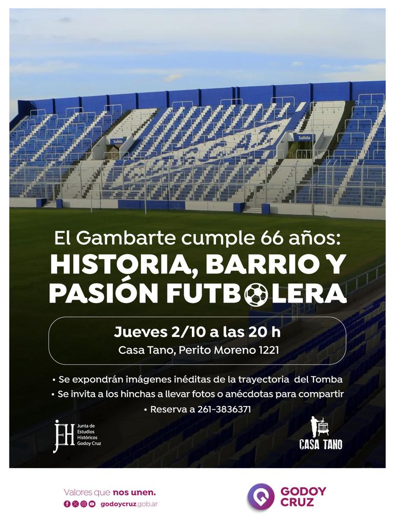 🔵⚪ Compartí una jornada de memoria y pasión en el 66º aniversario del Gambarte con un encuentro especial, organizado por la Junta de Estudios Históricos de Godoy Cruz.

Juntos recordaremos la inauguración del estadio con imágenes inéditas y muchas anécdotas.

🗓️ Jueves 2 🕒 20