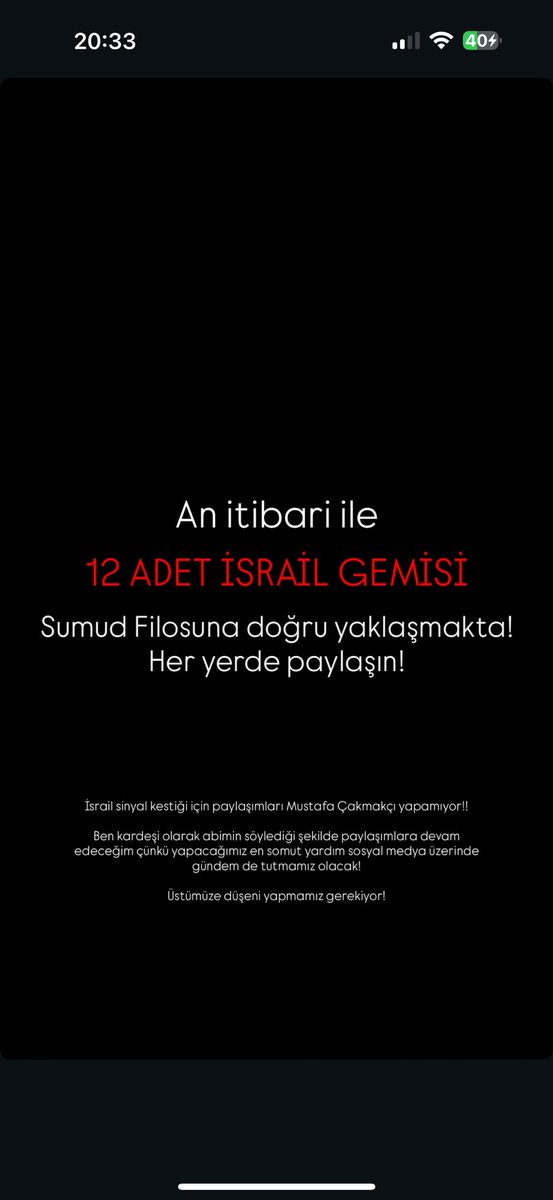 GuzinnYildiz's tweet photo. Sumud’la iletişimin kesildiği söyleniyor.
Bu gece hiçbirimize uyku yok!
Dini/Milleti ne olursa olsun, Allah, kardeşlerimize niyetlerini gerçekleştirerek vatanlarına sağ salim ulaşmayı nasip eylesin.
 #AblukayıKır https://t.co/ahnJqNnHb6