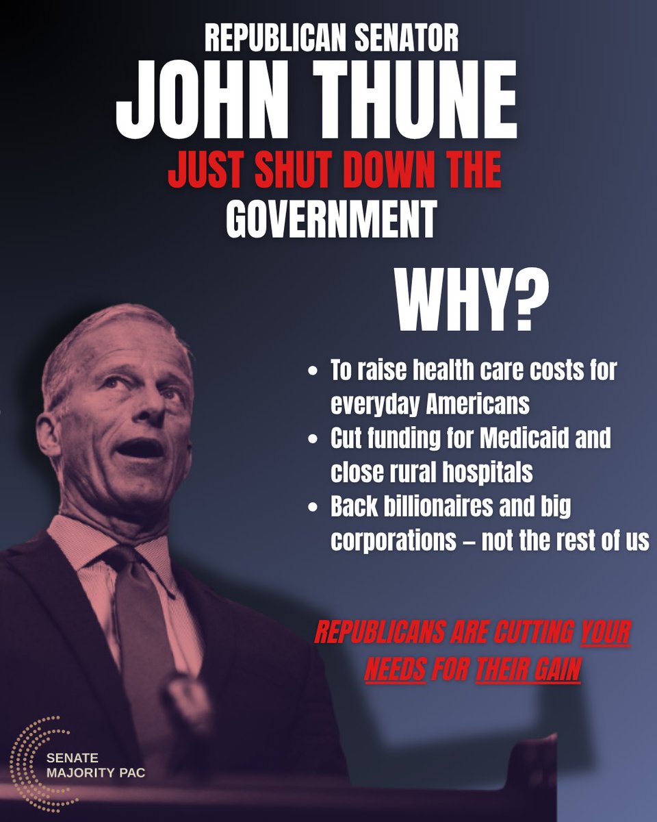 MajorityPAC's tweet image. . @LeaderJohnThune voted to SHUT DOWN the government. The people of South Dakota should know who sold them out and why.