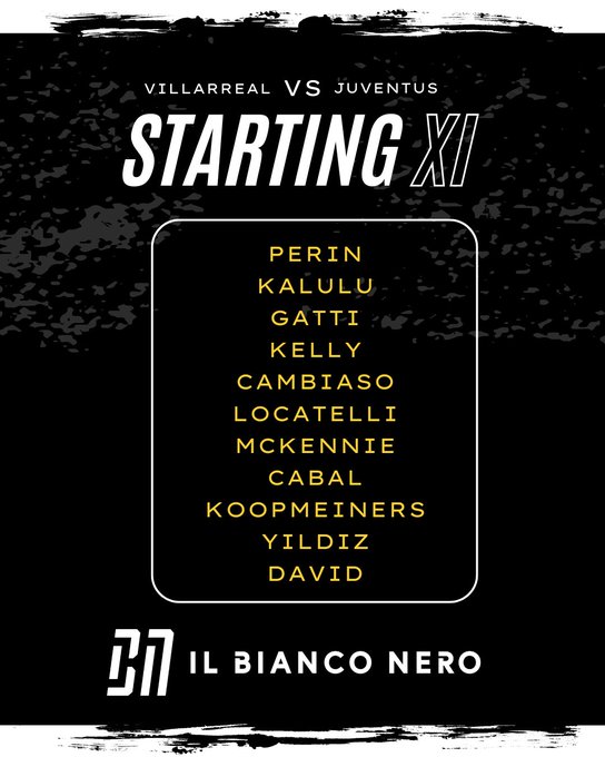 A list of names in yellow text on a black background, including Perin, Kalulu, Gatti, Kelly, Cambiaso, Locatelli, McKennie, Cabal, Koopmeiners, Yildiz, and David. The text is framed by a white border and topped with "Villarreal VS Juventus STARTING XI" in white. A logo with "il Bianco Nero" and "27" is at the bottom.