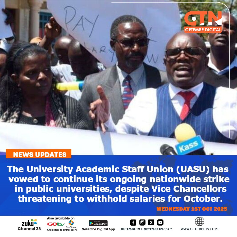GetembeTV's tweet photo. The University Academic Staff Union (UASU) has vowed to continue its ongoing nationwide strike in public universities, despite Vice Chancellors threatening to withhold salaries for October.
#UASUStrike #LecturersStrike #PublicUniversities #EducationCrisis #KenyaUniversities https://t.co/3fjjGkplKI