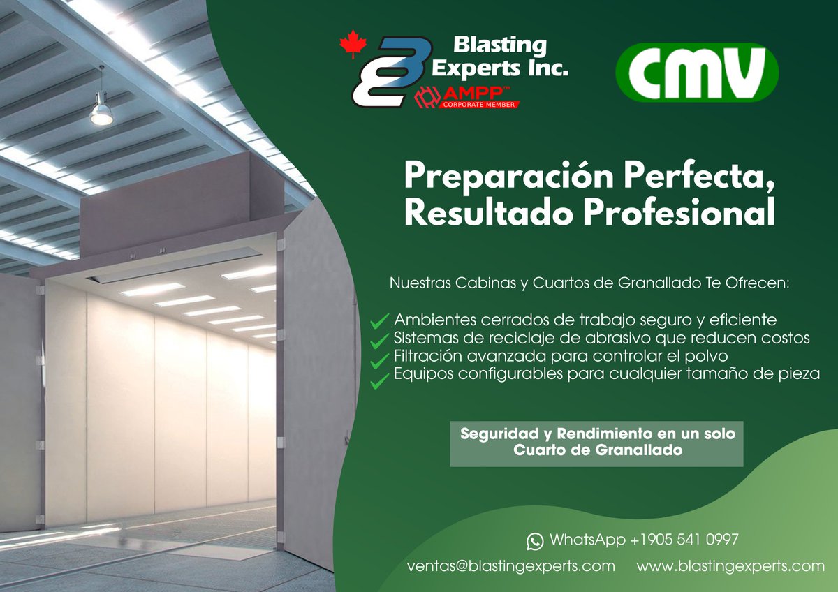 blastingexperts's tweet photo. En Blasting Experts Inc. contamos con la representación oficial de CMV, compañía reconocida a nivel mundial  en la fabricación de Máquinas Granalladoras Turbinadas, Cabinas de Granallado y Equipos Especiales. Contáctanos  WhatsApp: +1-905-541-0997 ingenieria@blastingexperts.com https://t.co/6ELMnaLUd8