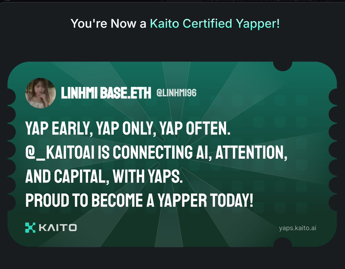 Linhmi96's tweet photo. Yap early, yap only, yap often.

@KaitoAI is connecting AI, attention and capital with Yaps.

Just claimed my social card and I'm accumulating Yap points in real-time.

Claim yours 👉 https://t.co/M8rtOkcg5E https://t.co/hIO1i4C4T3
