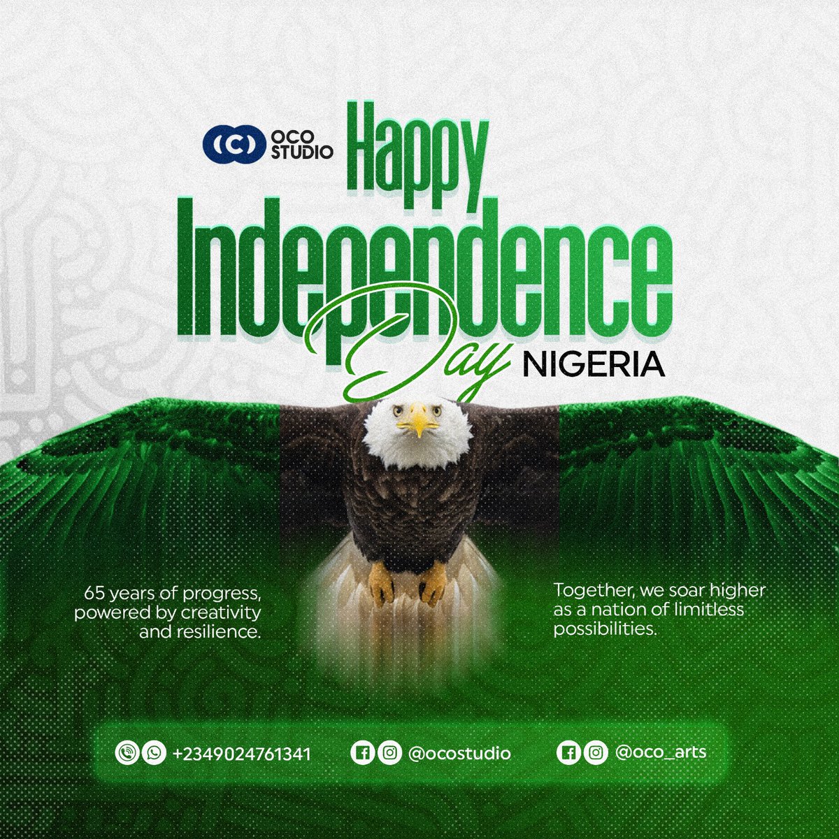 ocostudio_'s tweet photo. Happy Independence Day Nigeria! π³π¬π
Together, we shall soar higher as a NATION πͺ
#NigeriaAt65 #WeSoarHigher #ocostudio #charlesothuke https://t.co/XrFttfm3HP