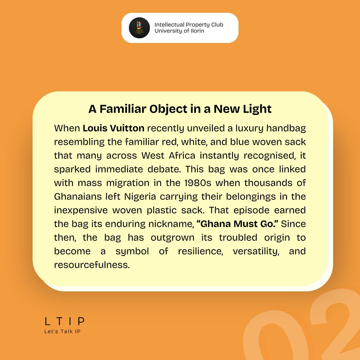 IPCunilorin's tweet photo. Louis Vuitton’s “Ghana Must Go” inspired bag forces us to ask:
Where do we draw the line between cultural appreciation &amp; exploitation?

IP law may allow it, but does ethics?
What’s your take? Should heritage be free for all, or protected for communities?
#ipcunilorin #ltip https://t.co/0a1yTLsu2x
