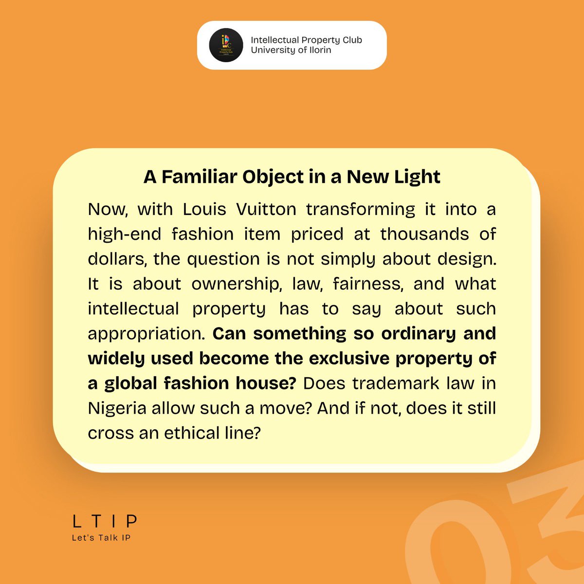 IPCunilorin's tweet photo. Louis Vuitton’s “Ghana Must Go” inspired bag forces us to ask:
Where do we draw the line between cultural appreciation &amp; exploitation?

IP law may allow it, but does ethics?
What’s your take? Should heritage be free for all, or protected for communities?
#ipcunilorin #ltip https://t.co/0a1yTLsu2x