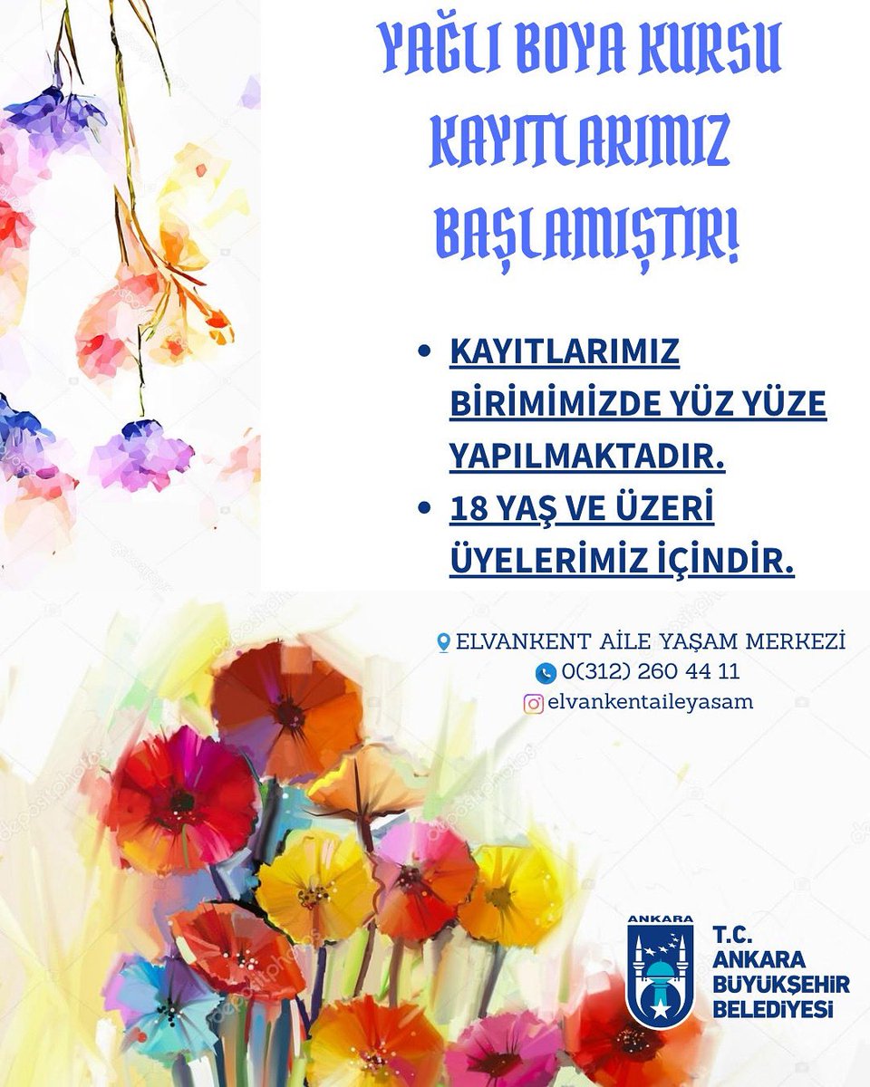 📢 18 yaş ve üzeri üyelerimiz için “Yağlı Boya Kursu” kayıtlarımız başlamıştır. 

📍Elvankent Aile Yaşam Merkezi

<a href="/mansuryavas06/">Mansur Yavaş</a> 
<a href="/ankarabbld/">Ankara Büyükşehir</a> 
<a href="/yaslev/">yasemin eraslan</a>