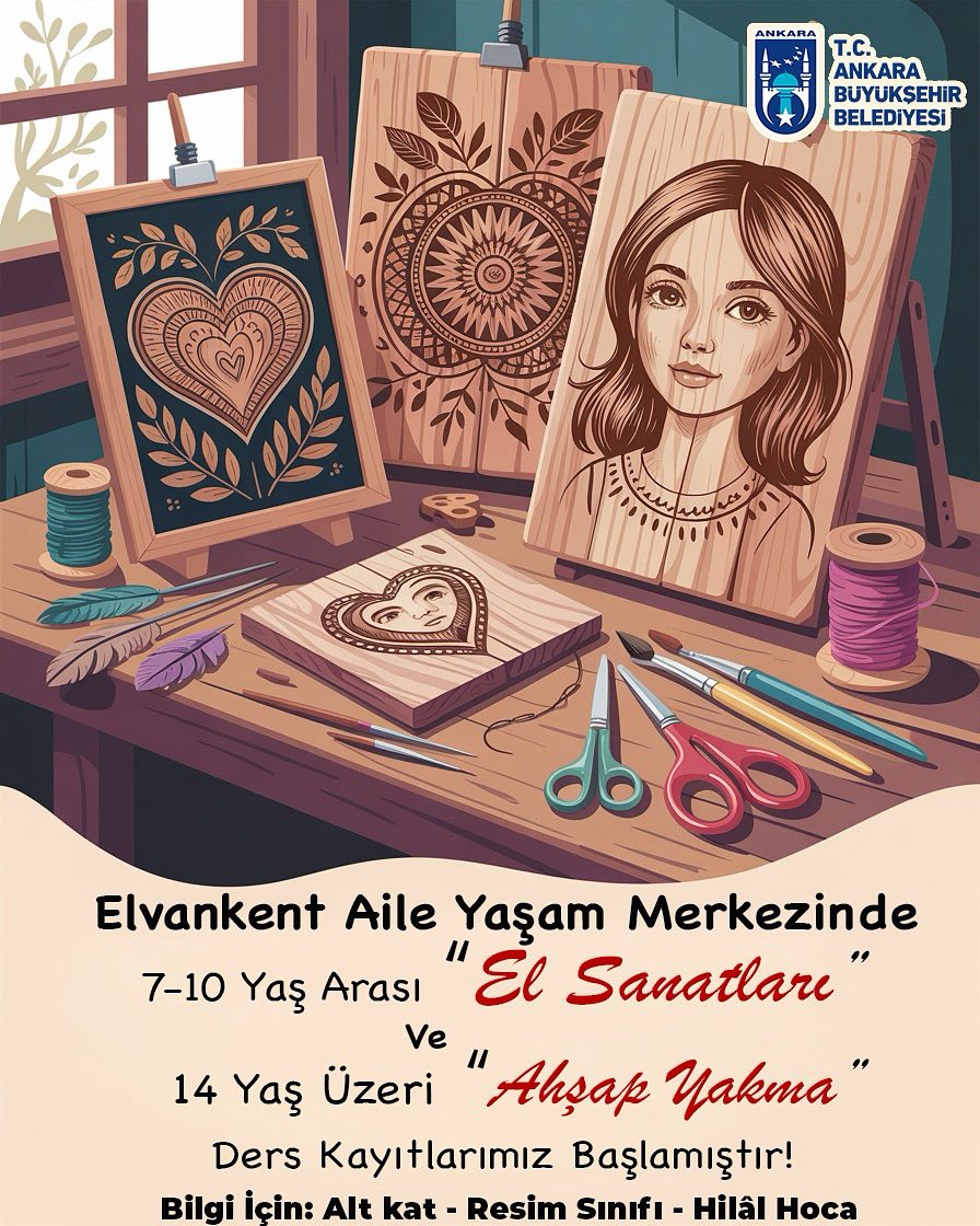 📢 18 yaş ve üzeri üyelerimiz için “El Sanatları ve Ahşap Yakma Kursu” kayıtlarımız başlamıştır. 

📍Elvankent Aile Yaşam Merkezi

<a href="/ankarabbld/">Ankara Büyükşehir</a> 
<a href="/mansuryavas06/">Mansur Yavaş</a> 
<a href="/yaslev/">yasemin eraslan</a>