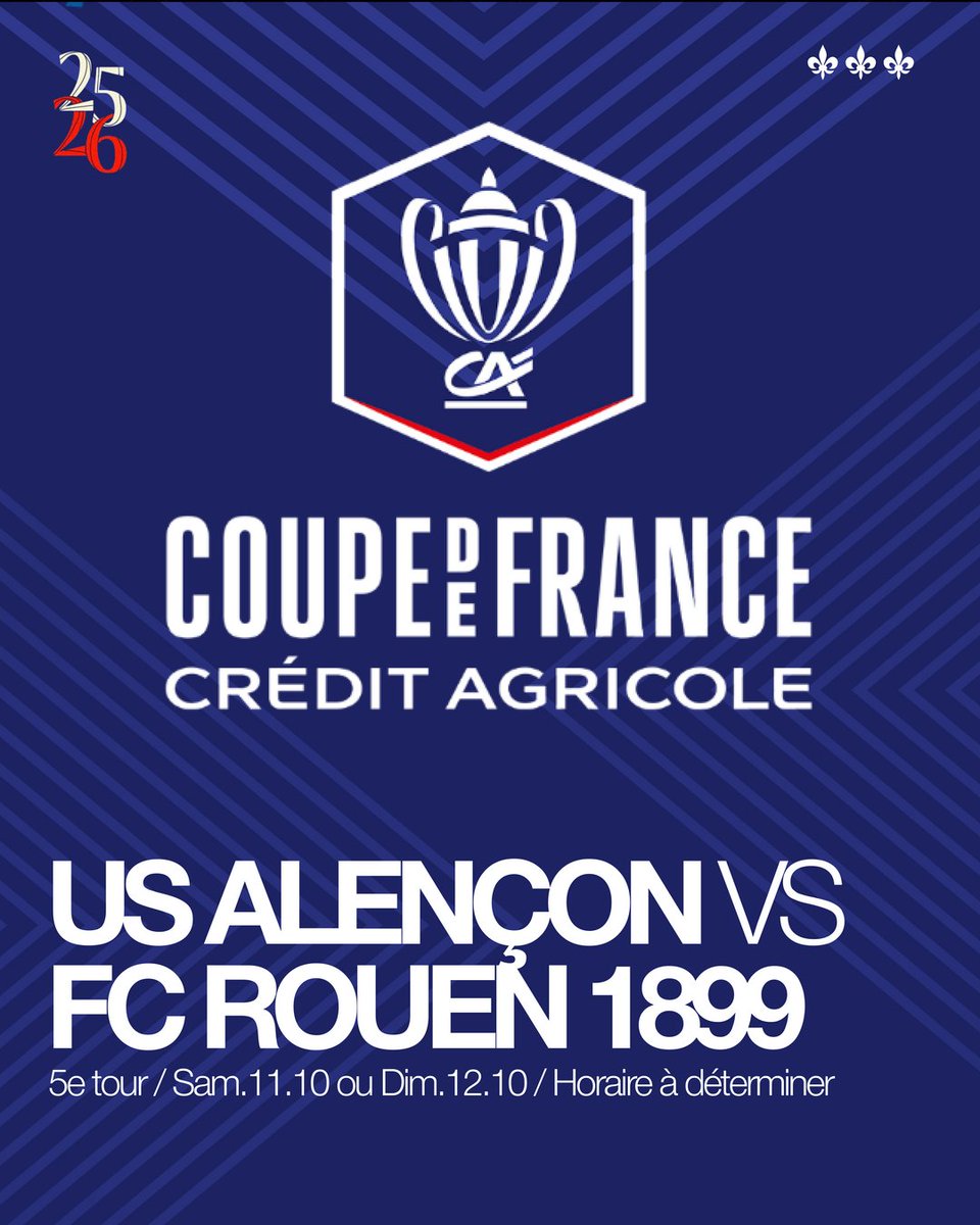 Le FCR effectuera son entrée en lice en Coupe de France contre l'US Alençon, club de National 3.🏆

🗓️Ce 5e tour est prévu le week-end des 11 et 12 octobre. La date et l'horaire seront communiqués ultérieurement. 

#TeamFCR #Rouen #Normandie #FCR1899
