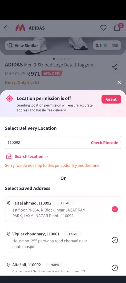 albieali2's tweet photo. @MyntraSupport hey myntra I tried 3 states different pincode but you are not delivering adidas products there.... Please share the reason https://t.co/T2Kd4shhqa