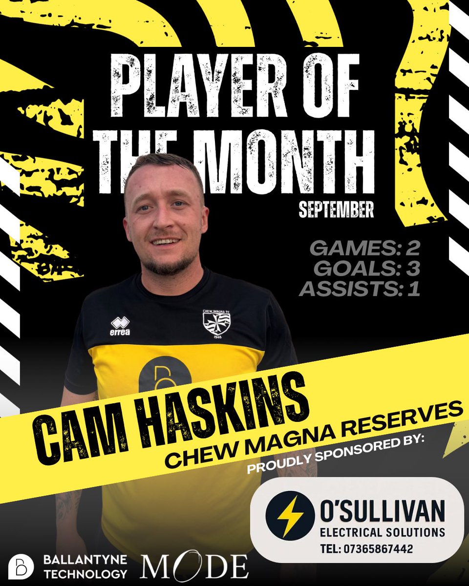 unofficialmagna's tweet photo. 💛🖤 RESERVE TEAM POTM – SEPTEMBER 💛🖤

🔥 Cam Haskins bags 3 goals &amp; 1 assist in just 2 games. Proving to be a serious striker!

👏 Congrats Cam, fully deserved!

Proudly sponsored by O’Sullivan Electrical Solutions ⚡

#POTM #ChewMagna #CMFC #UpTheMagna #MyStriker https://t.co/vhHvKduaeA