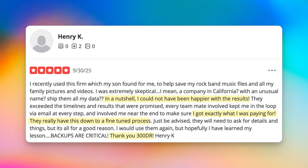 300DataRecovery's tweet image. Rock band files saved! 🎸 Family memories restored! 📸 Another skeptic turned believer! 💪 When precious data seems lost, we deliver results that exceed expectations. Every file matters, every customer counts! ✨💾 #DataRecovery #300DDR #TechHeroes buff.ly/Zhl7Wil