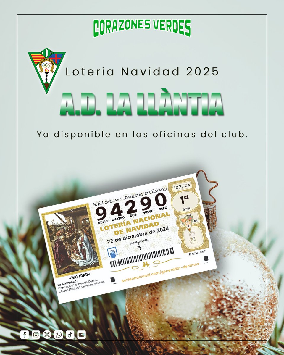 ¡Ya está disponible la Lotería de Navidad de la AD La Llàntia! ✨🎄

Nuestro número 94290 será el que reparta suerte entre todos nuestros aficionados 🍀⚽️
Podrás conseguir tanto décimos como participaciones en las oficinas del club.