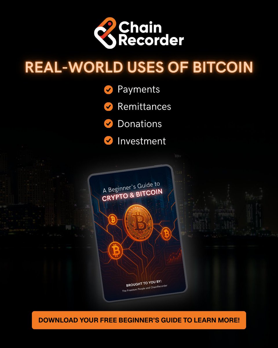 chainrecorder's tweet photo. Bitcoin isn’t just for traders—it’s being used every day:

- Buy goods and services 🌍
- Send money across borders 💸
- Support charities with transparent donations 🤝
- Build long-term wealth 💰

Curious how it all works? Our free Beginner’s Guide to Crypto & Bitcoin breaks it down—simple, clear, and jargon-free.

📥 Download here: https://t.co/ysbOgRfhkX 

#BitcoinUses #CryptoInAction #LearnCrypto #CryptoGuide #DigitalMoney #ChainRecorder