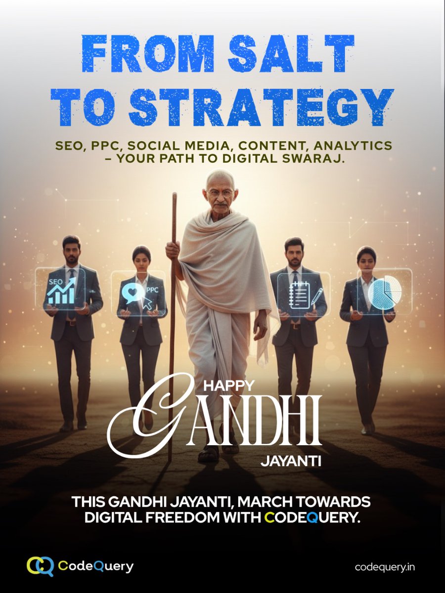 Codequery_'s tweet image. From Salt to Strategy – honoring Gandhi’s vision of freedom with a modern path to digital swaraj. 🌐✨
This Gandhi Jayanti, let’s embrace innovation, strategy, and growth with SEO, PPC, social media, content, and analytics.🇮🇳 
.
.
#GandhiJayanti #DigitalSwaraj #CodeQuery