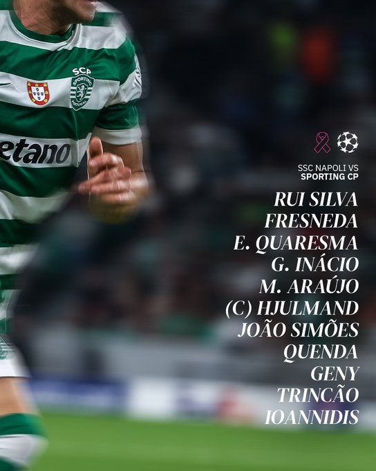 A player wearing a green and white striped Sporting CP jersey with the number 11 on it, running on a soccer field. The jersey features the Champions League logo and the SCP emblem. The player\'s arm and part of the leg are visible, with a blurred background of a stadium. Text overlays include "11" and names like Ruli Silva, Fresneda, E. Quaresma, G. Inácio, M. Araújo, C. Hjulmand, João Simões, Quenda, Geny, Trincão, and Ioannidis.
