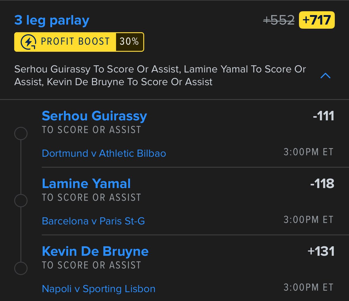 Let’s try for a parlay again today:

3 piece TSOA Combo (+717)

I’m playing 3 home squads best attacking player when it comes to creating or scoring goals. All have a pretty favorable matchup today. Hoping for a bit better luck. Good luck if tailing, I’m playing for .15u 🫡