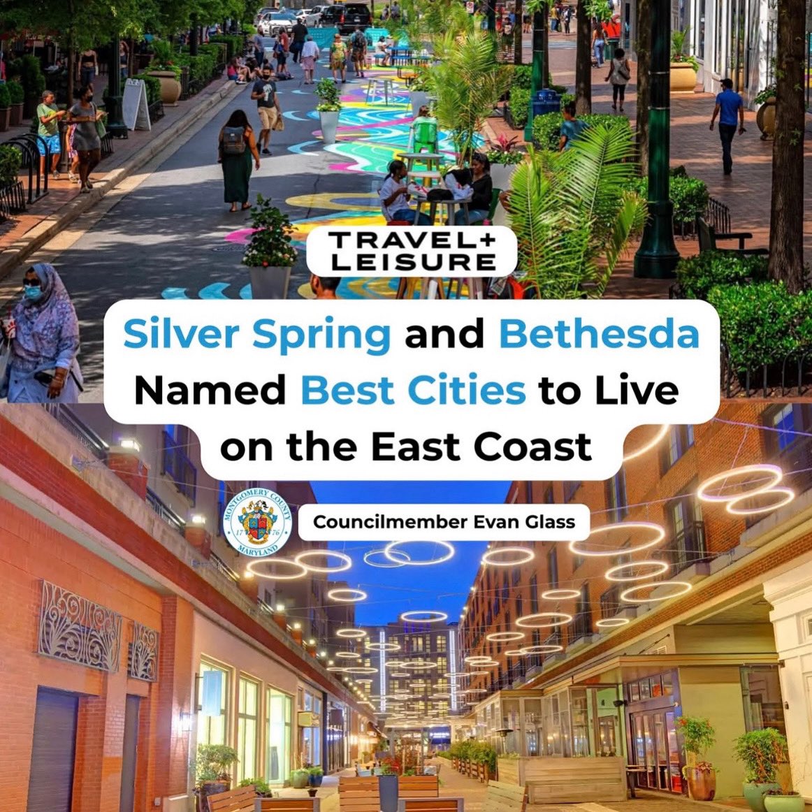 Proud moment for Montgomery County! Both Bethesda and #SilverSpring were named among <a href="/TravelLeisure/">Travel + Leisure</a>’s "Best Places to Live on the East Coast."

Community, culture and connection —that’s what makes #MontgomeryCounty a special place to live!