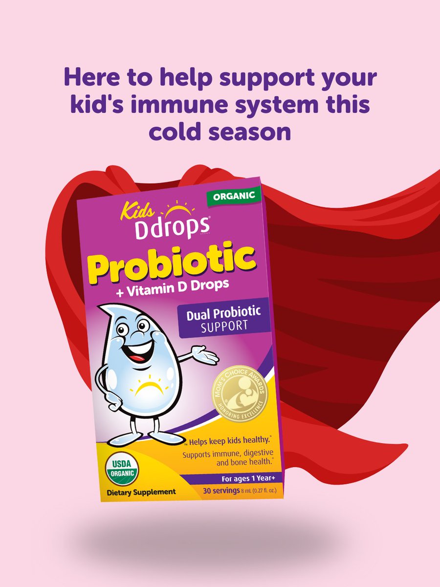 Ddrops's tweet photo. When cold season starts making its rounds at school, Kids Ddrops Probiotic with Vitamin D helps keep your little one's immune system and tummy happy! 🦸‍♀️🛡️ https://t.co/bduC5KjF6k