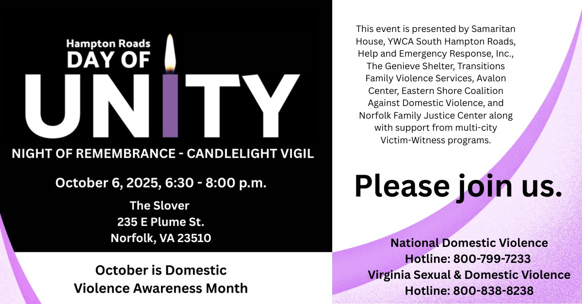 NorfolkPD's tweet photo. October is Domestic Violence Awareness Month 💜

NPD is proud to join the YWCA for the Hampton Roads Day of Unity candlelight vigil at Slover Library tonight from 6:30 PM to 8 PM. 

If you or someone you know is a victim of domestic violence, please call 800-799-7233 https://t.co/opatprcYez