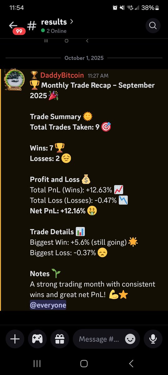 DaddyBitcoinn's tweet image. September recap: 7W/2L, Net +12.16%. No leverage. No “100–300% moonshots” like some groups—just steady, risk-managed spot gains. Consistency &amp;gt; hype. #Crypto #Trading 

discord.gg/JEcKt54CWF