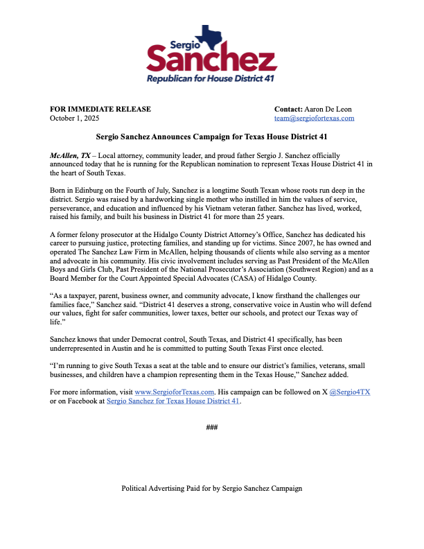 Sergio4TX's tweet photo. As a taxpayer, parent, business owner, and community advocate, I know the challenges our families face. HD 41 deserves a strong, conservative voice in Austin who will defend our values, fight for safer communities, lower taxes, better our schools, and protect our way of life. https://t.co/MW5vCOB5Oh