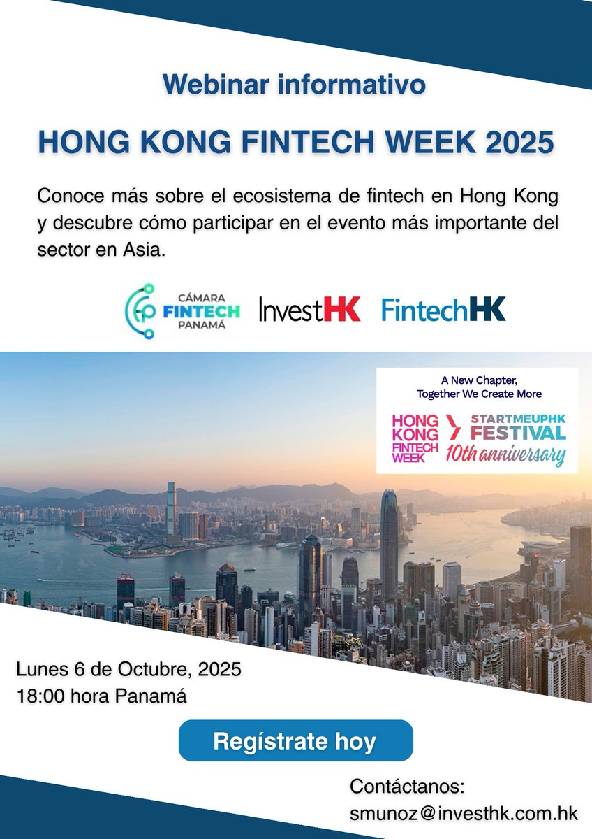 fintechpanama's tweet photo. 🚀 Expande tu fintech hacia Asia 🌏
La Cámara Fintech de Panamá e InvestHK te invitan al webinar rumbo a #HKFintechWeek2025
📅 6 de octubre | 6:00 pm (PA)
🎤 Con Rafael Robinson, Presidente CFP
🔗 Regístrate: https://t.co/JwFTEl09mO
#Fintech #HongKong #CFP #FintechHK https://t.co/sM4rnRQ802