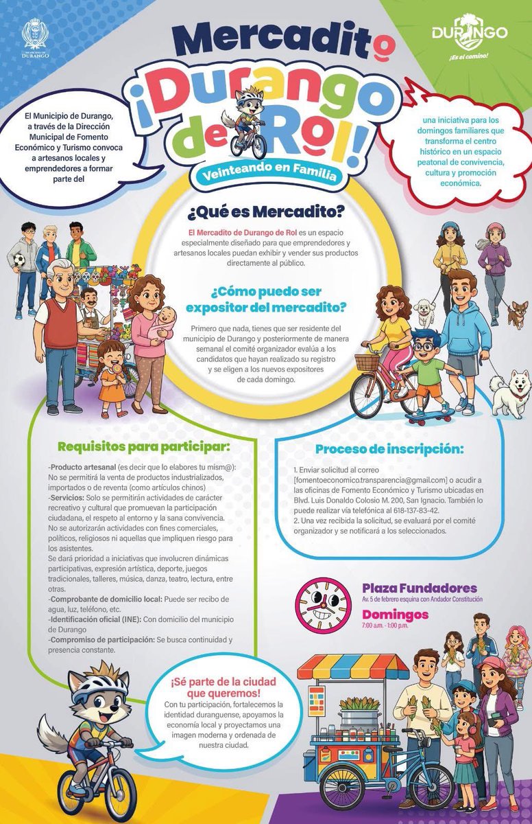 ✨ ¡Llega el Mercadito Emprendedor en #DurangoDeRol!
📅 Inicia este domingo 05 de octubre en el Centro Histórico.

Un espacio para convivir en familia, apoyar a comercios locales 🛍️ y disfrutar de nuestra ciudad ❤️.

👉 Emprendedores, inscríbanse aquí: forms.gle/RLCSiJCCV2i158…