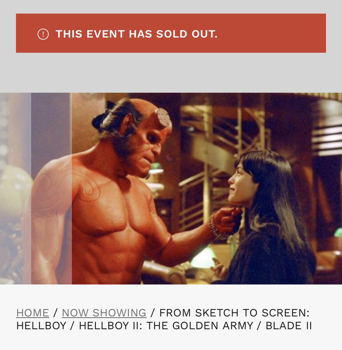 Looking to sell my three tickets for the <a href="/BeyondFest/">Beyond Fest</a> Guillermo Del Toro: From Sketch To Screen triple (Hellboy/Hellboy II/Blade II) at 8:00 at The Egyptian this Saturday. Would love to sell them all together if I can, they’re $32 a pop.

(No movement so far in the BF Discord)