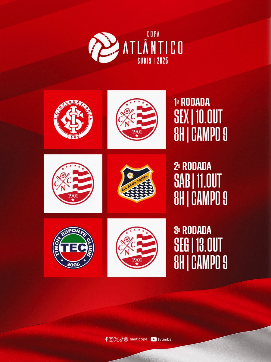 nauticope's tweet photo. TABELA DA COPA ATLÂNTICO DEFINIDA 🇦🇹🫡
Vai começar a Copa Atlântico sub-19, que é realizada no CT do Retrô. O Náutico ficou no grupo C, junto com o Internacional-RS, Água Santa-SP e Timon-MA.
A nossa estreia será na sexta-feira (10), às 8h, no campo 9, diante do Internacional. No dia seguinte, no mesmo horário e campo, enfrentamos o time paulista. Já na segunda-feira (13), contra a equipe maranhense, também às 8h, no campo 9.
Vamos Timbu! 💪