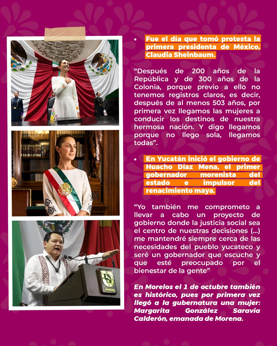 📌 El 1 de octubre de 2024 no fue un día cualquiera en la política mexicana.

💜 Se rompió el techo de cristal en la presidencia de la República y en Yucatán se acabó con una tradición de décadas de los mismos partidos en el gobierno.
