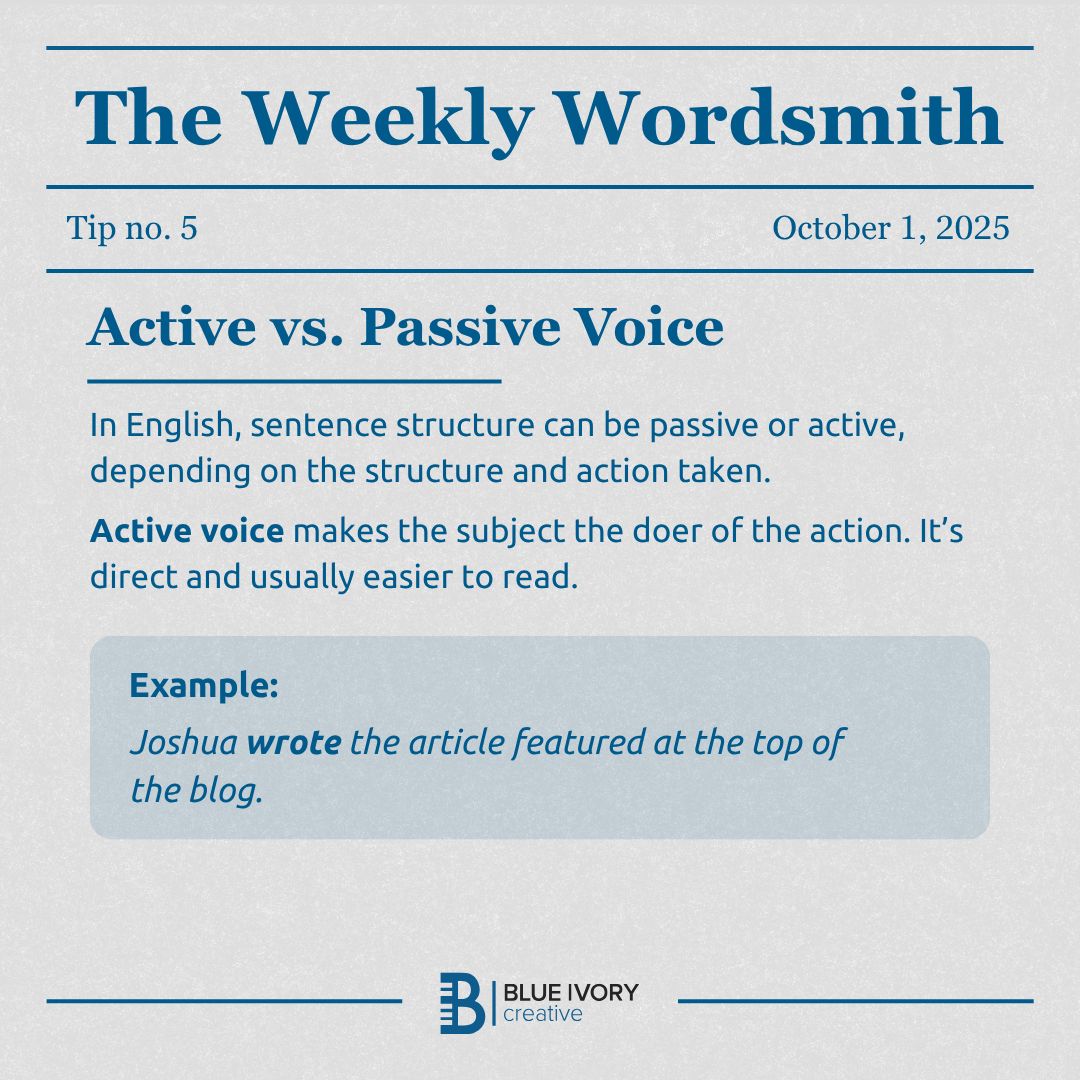 BIvoryCreative's tweet image. Who’s doing the action? That’s the question in today’s #WeeklyWordsmith. 🤔

Active voice tells you. Passive voice might leave you guessing.

#grammar #copywriting