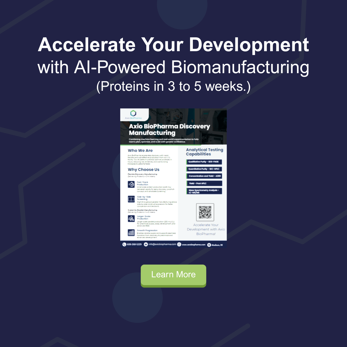 AxioBiopharma's tweet photo. At Axio BioPharma, our AI-powered engine delivers proteins in just 3–5 weeks (vs. months).

📄 Check out our one-pager to see how we do it + what sets us apart: https://t.co/DuvPfqanBq

At the Festival of Biologics this week? Let’s connect!  
#Biomanufacturing #AI https://t.co/mXZIgyoiwo