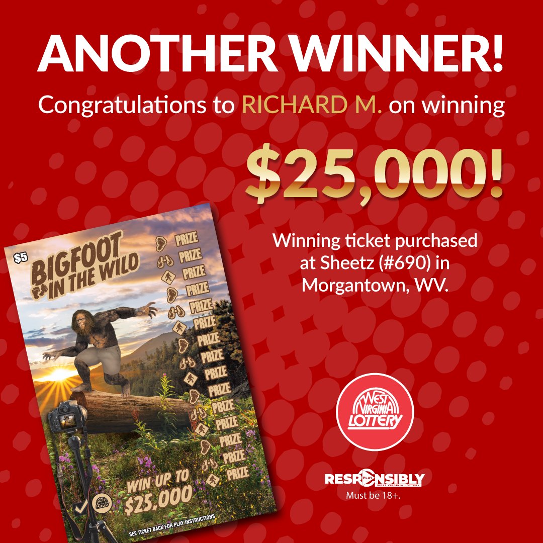 🎉Congratulations to RICHARD M. on winning $25,000 with a BIG FOOT in the WILD scratch-off, which was bought at Sheetz in Morgantown, WV. 🥳 #playwvlottery