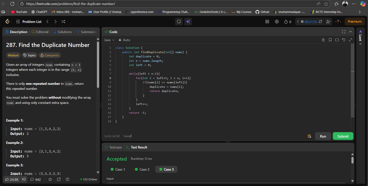imohammadayan's tweet photo. Day 13 ✅ LeetCode DSA Journey

Solved: #287 Find the Duplicate Number

Tried brute force → didn’t work
Switched to Floyd’s Cycle Detection → cracked it 🚀

✨ Key Takeaway: Struggle isn’t failure, it’s progress 💪

#LeetCode #DSA #100DaysOfCode https://t.co/7PzULQWJ1s