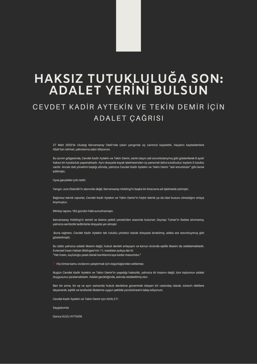 goncakuzu's tweet photo. Uludağ Kervansaray Otel yangınında gerçekler karartılıyor. Cevdet Kadir Aytekin ve Tekin Demir, 6 aydır haksız tutuklu. Günah keçisi ilan edilen masumlar için ise adalet gecikiyor. #MasumiyetEsastır #HaksızTutukluluk https://t.co/vkXRQEgTRp